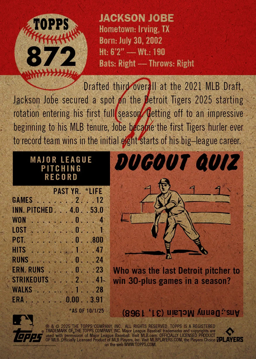 2025 Topps Living Set Card 872 Jackson Jobe (RC) – 25 Cents Shipping!
