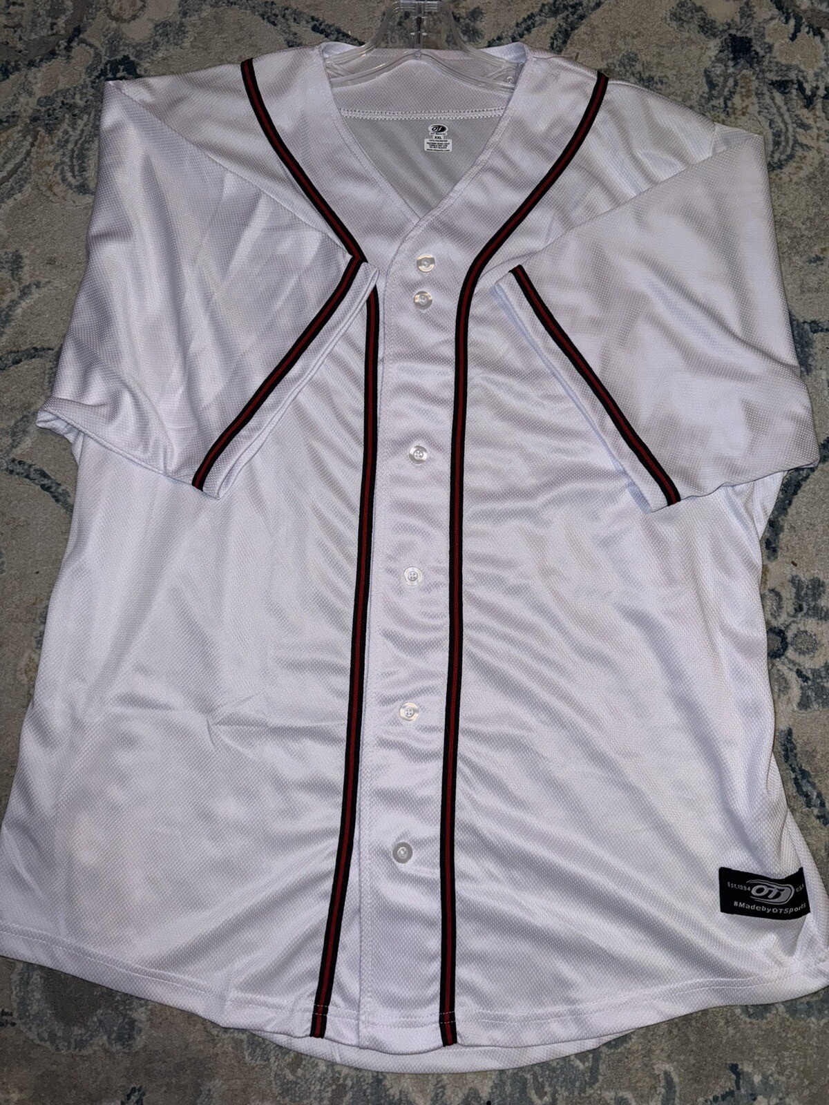 OT Sports Mens White and Red/Black Stripes Button Up Baseball Jersey Size XXL
