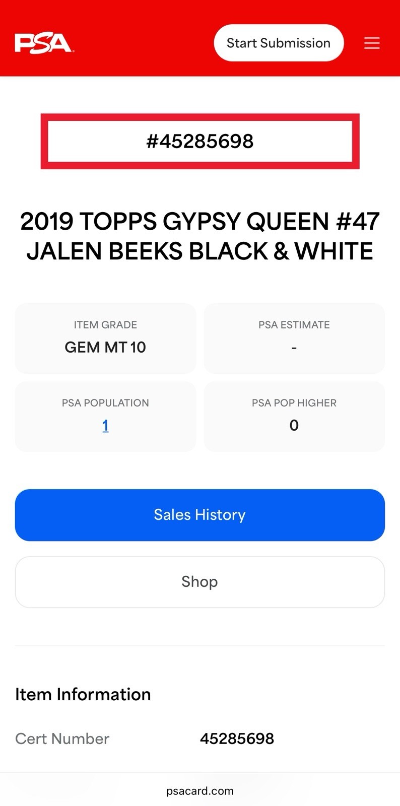 POP 1 – 2019 Topps Gypsy Queen Jalen Beeks Black And White RC /50 PSA 10 TB Rays