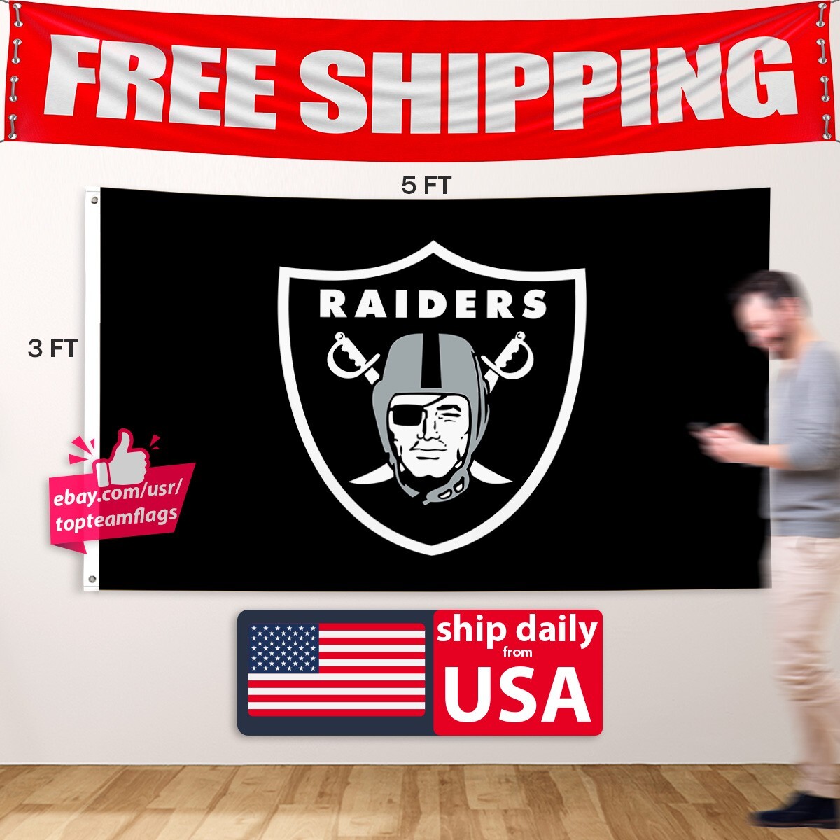Oakland Raiders Las Vegas 3×5 American Flag Las Vegas Nation Football Banner