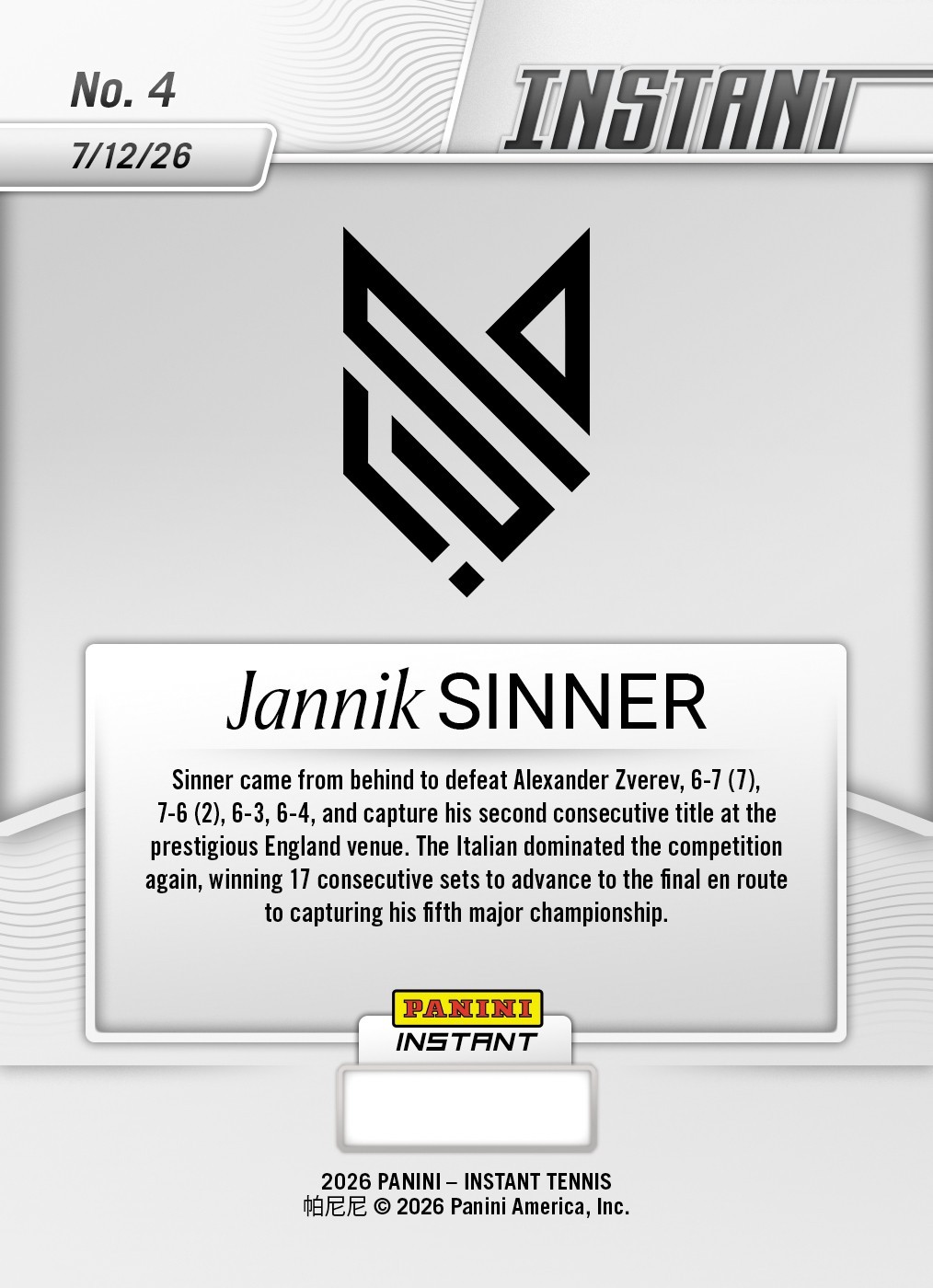 2026 Panini Instant Tennis #4 Jannik Sinner ATP Tour Wimbledon PRESALE