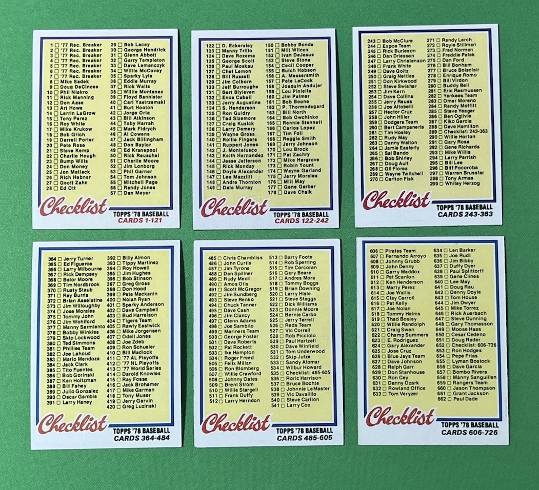 1978 Topps Baseball Checklist Lot • Complete (6) Card Subset • Unmarked • EX/NM
