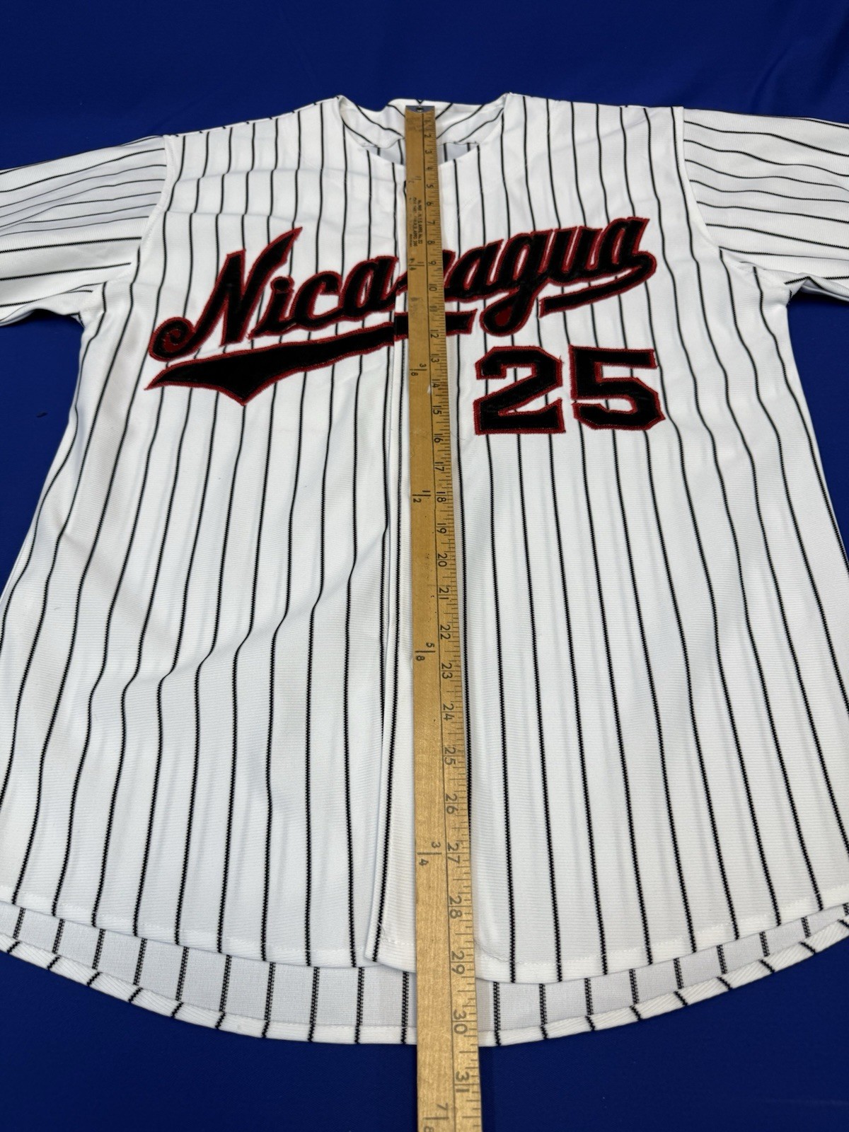 Nicaragua Baseball Jersey #25 Pinstripe White Black Red Men’s Large