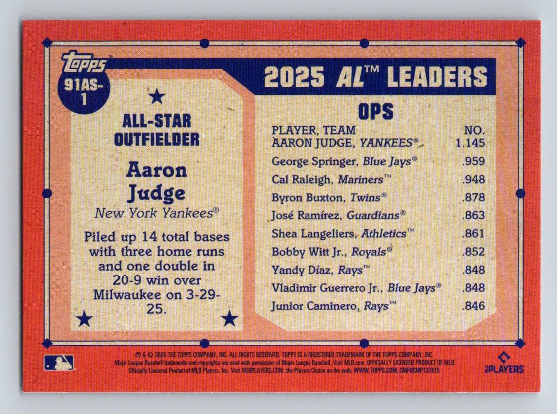 2026 Topps #91AS-1 Aaron Judge 1991 Topps 35th Anniversary All-Stars