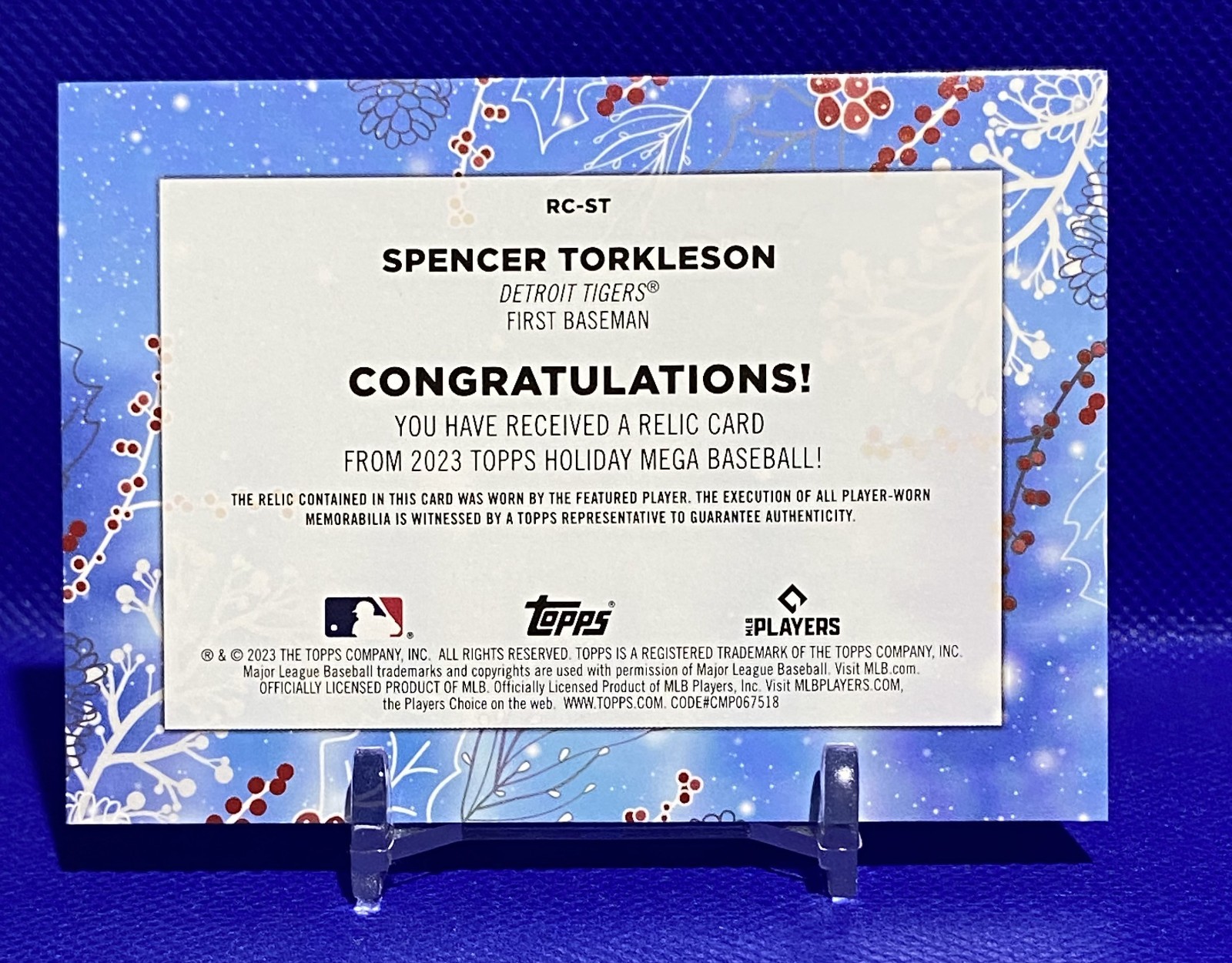 2023 Topps Holiday Baseball Spence Torkleson RC-ST Jersey Relic Card