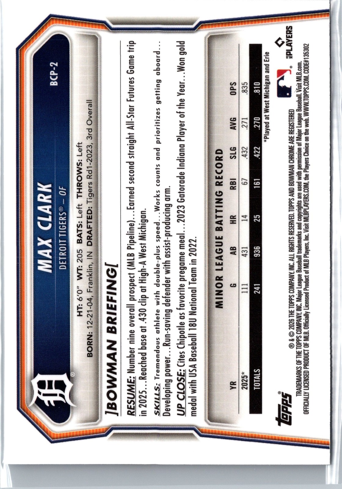 2026 Bowman Baseball Max Clark Chrome Prospects #BCP-2