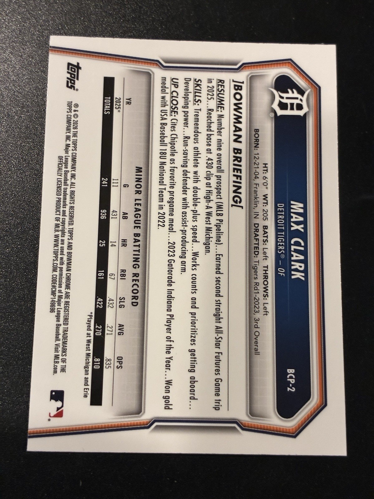 2026 Bowman Chrome Max Clark BCP-2 Blue Mojo Refractor /150 – Detroit Tigers