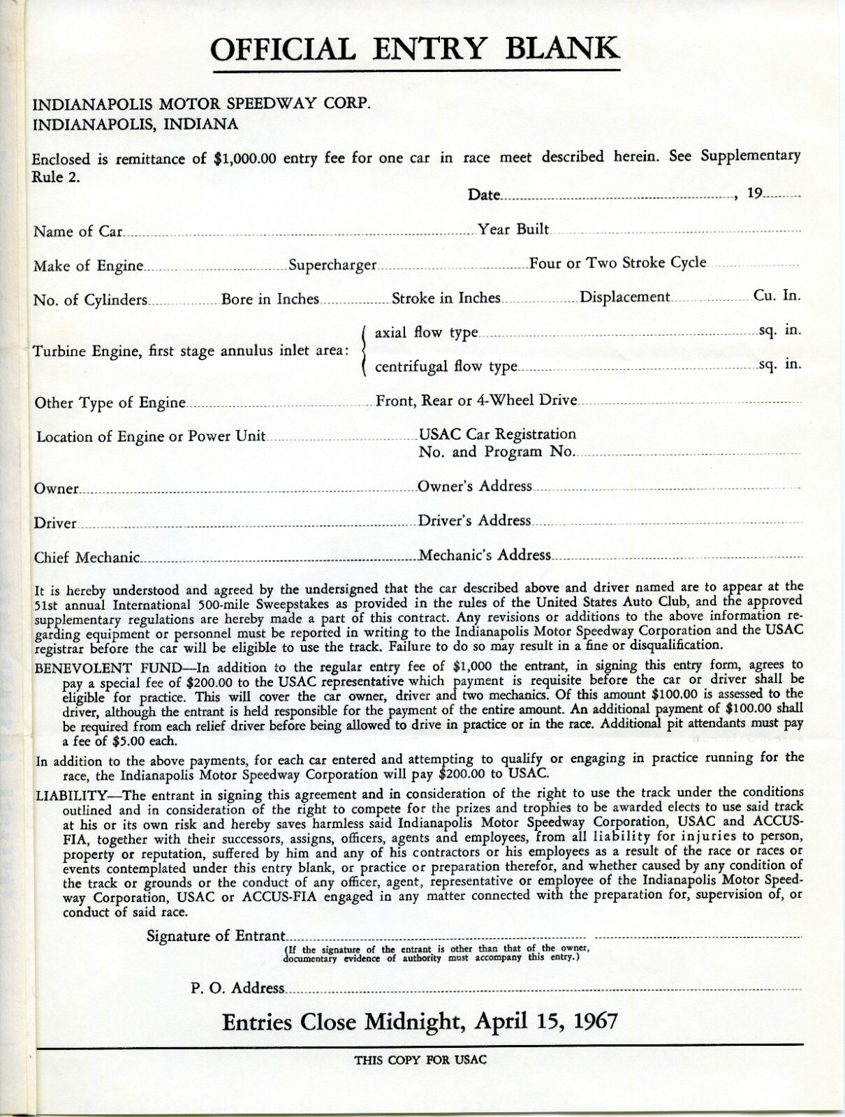 Indy 500 1967 OFFICIAL ENTRY BLANK RULES AND REGULATIONS