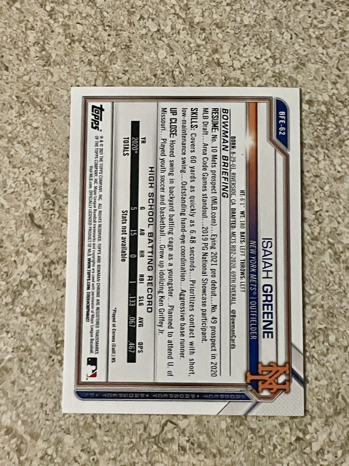 2021 Bowman 1st Edition Orange Foil /25 ISAIAH GREENE #BFE-62 *METS*
