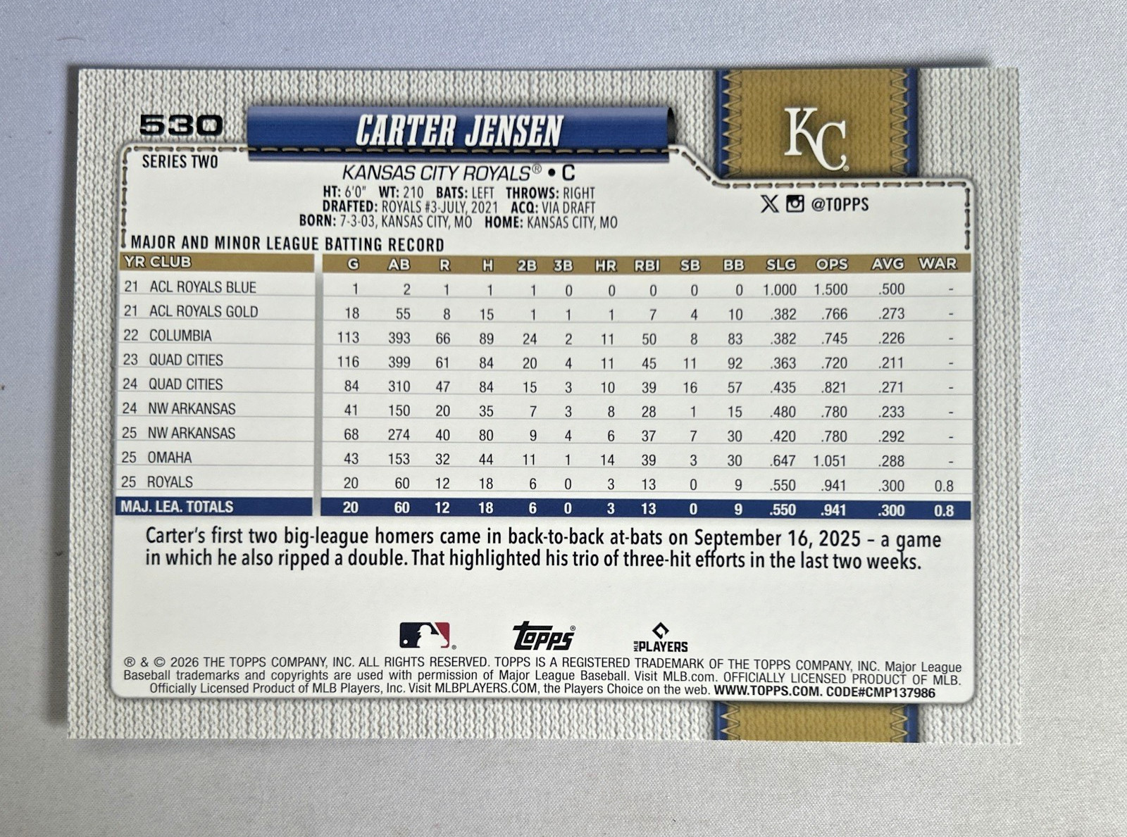 2026 Topps Series 2 – Super Box Oversized Carter Jensen RC #530