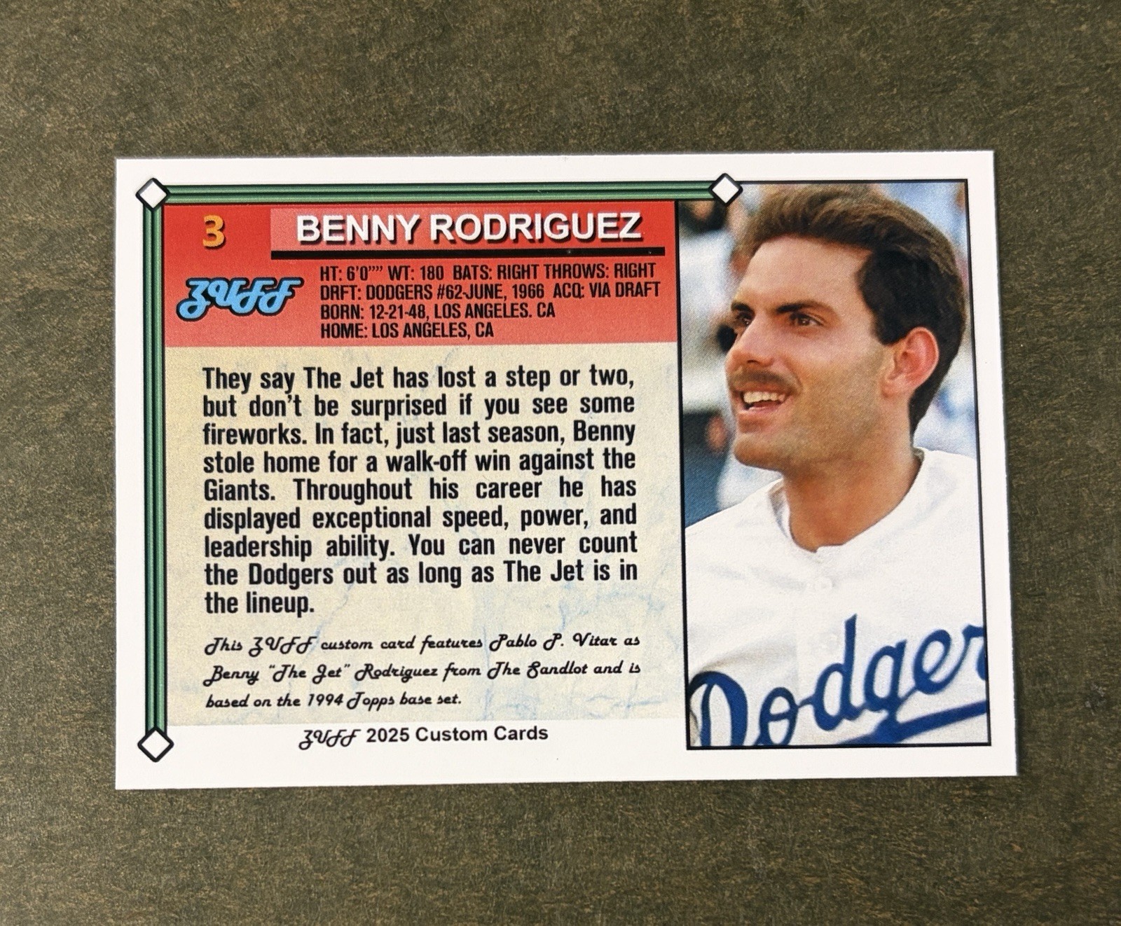 Benny The Jet Rodriguez Handmade Custom Baseball Card, The Sandlot, 1994