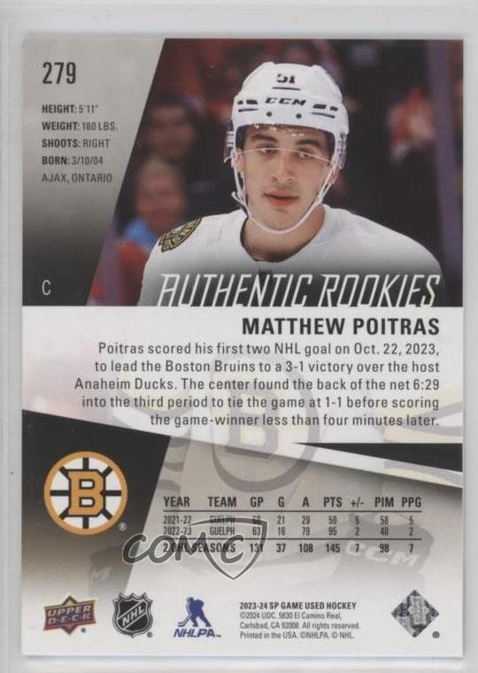 2023 SP Game Used Authentic Rookies Gold 115/122 Matthew Poitras Rookie RC 14sr