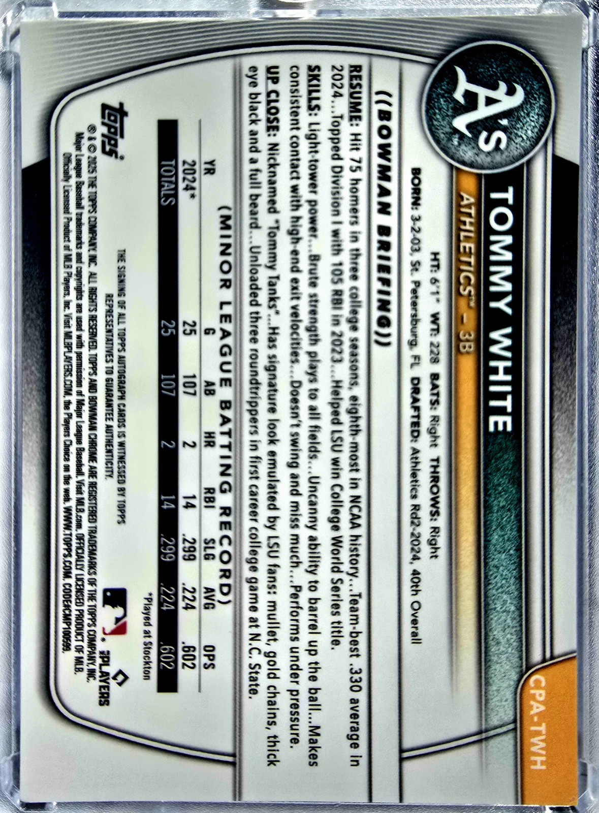 2025 Bowman Chrome Autographs Tommy White #CPA-TWH Blue Refractor /150