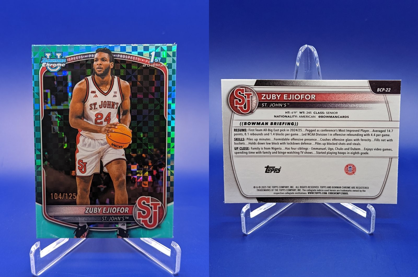 2025-26 Bowman Chrome Zuby Ejiofor /125 Aqua X-Fractor St John’s