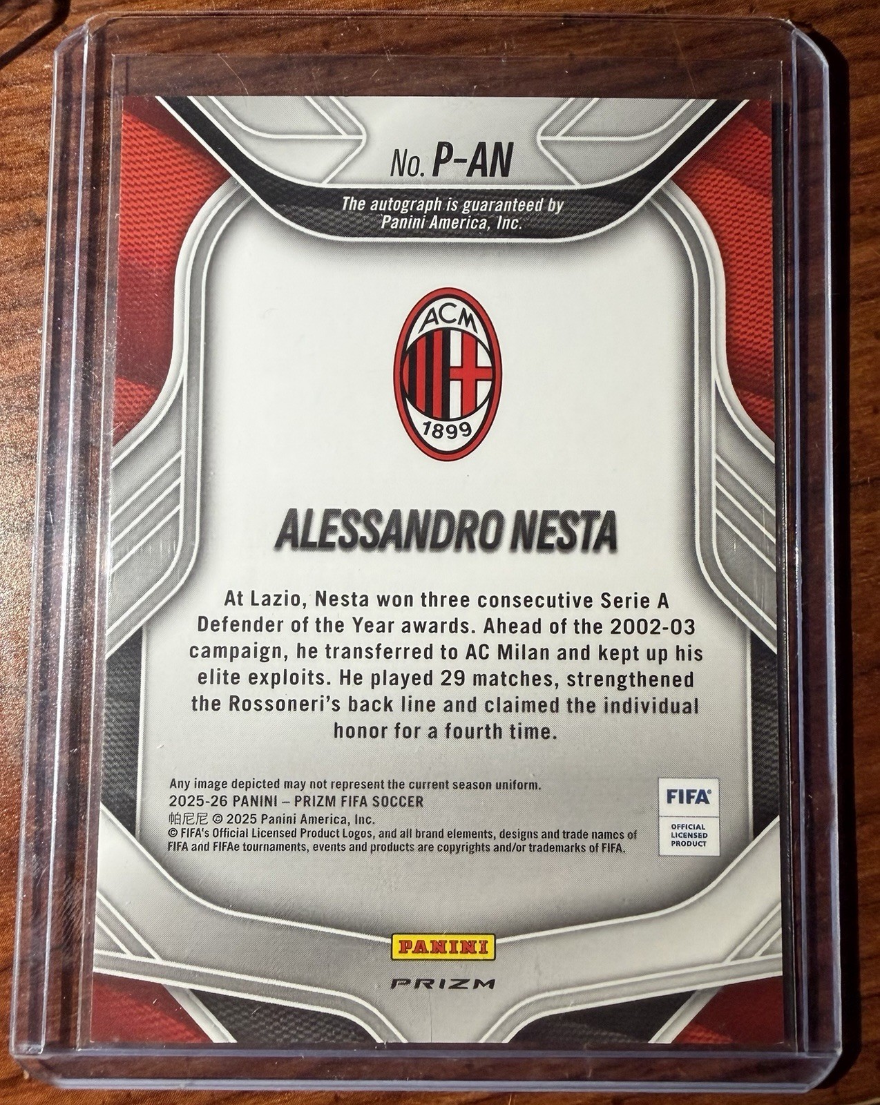 Panini Prizm FIFA Soccer 2025-26 Alessandro Nesta AC Milan Penmanship P-AN Auto
