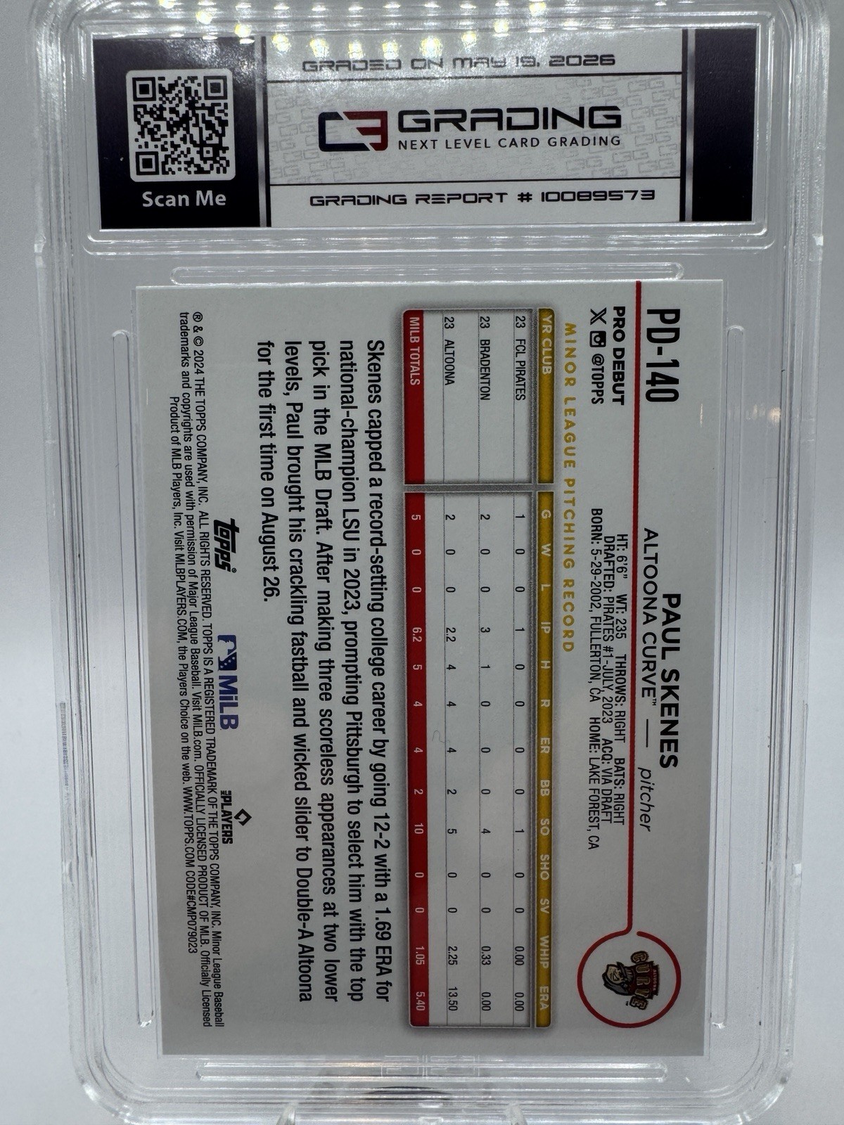 Topps 2024 Pro Debut Curve #PD-140 Paul Skenes Altoona Curve RC C3G 9.5