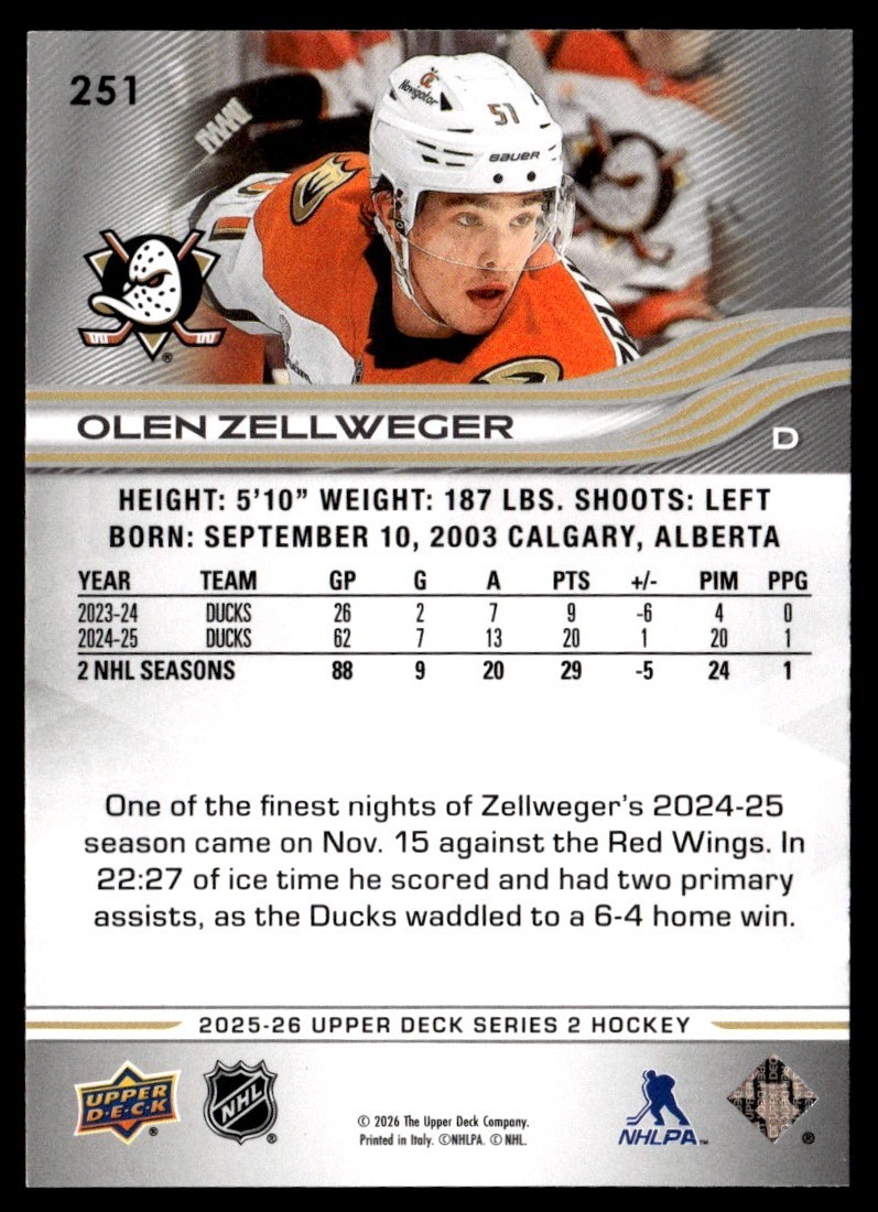 2025-26 Upper Deck Base Olen Zellweger Anaheim Ducks #251