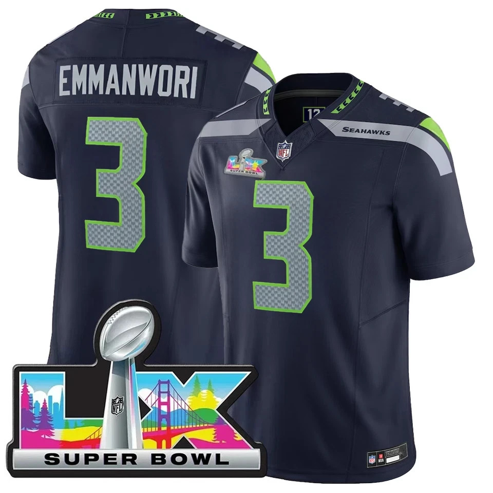 New Men’s Seahawks Navy 50th Season/Super Bowl LX Patch Game All Stitched Jersey