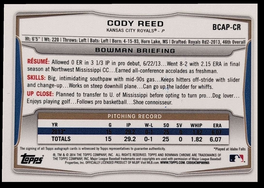 2014 Prospect Autographs Cody Reed Auto Kansas City Royals #BCAP-CR