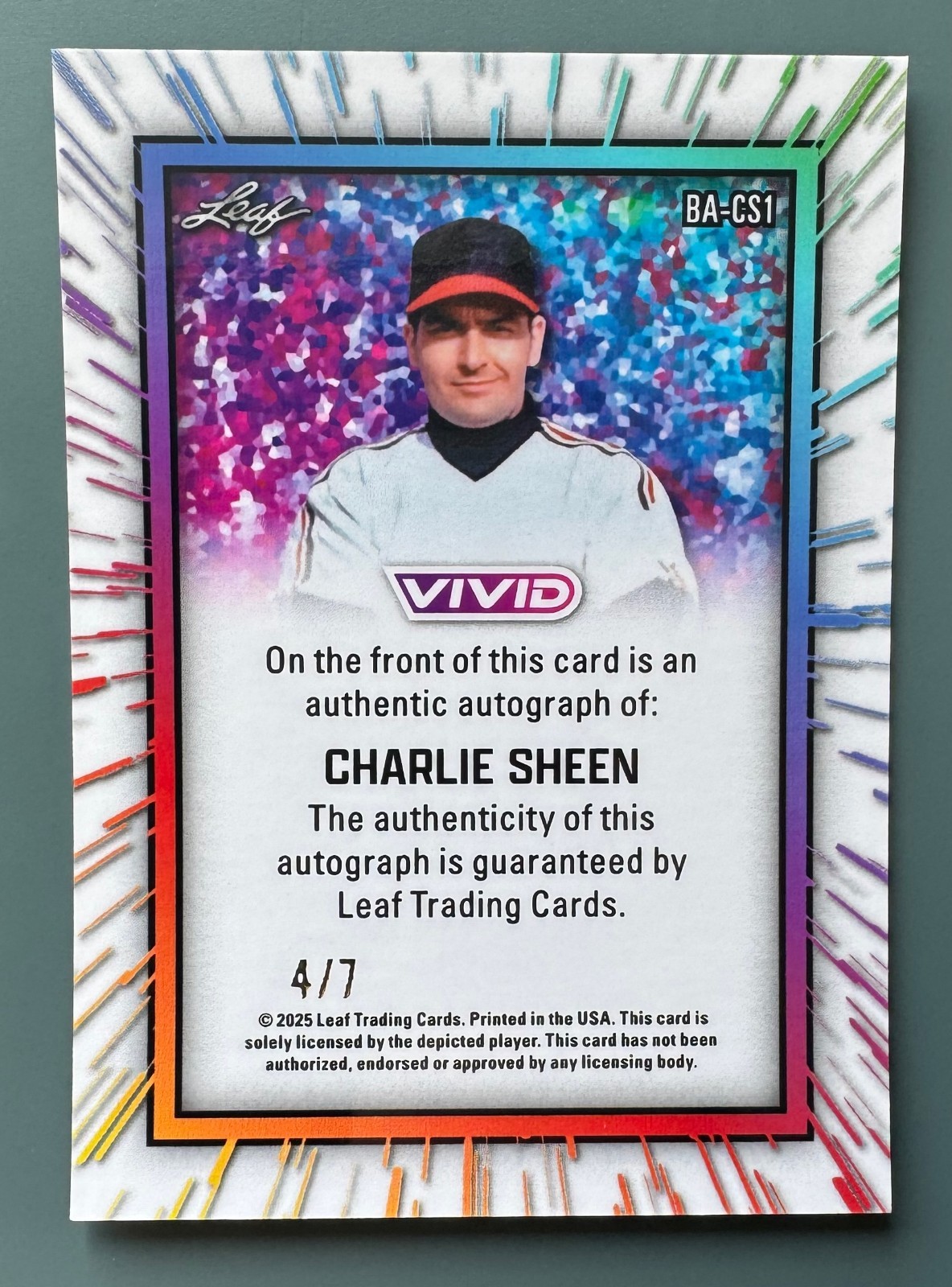 2025 Leaf Vivid Baseball #BA-CS1 Charlie Sheen Auto 4/7 Purple Prismatic