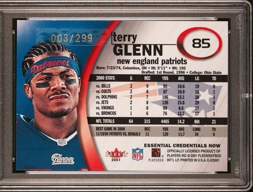 2001 Fleer E-X /299 Essential Credentials Now #85 Terry Glenn SP NE Pop 3! PSA 8