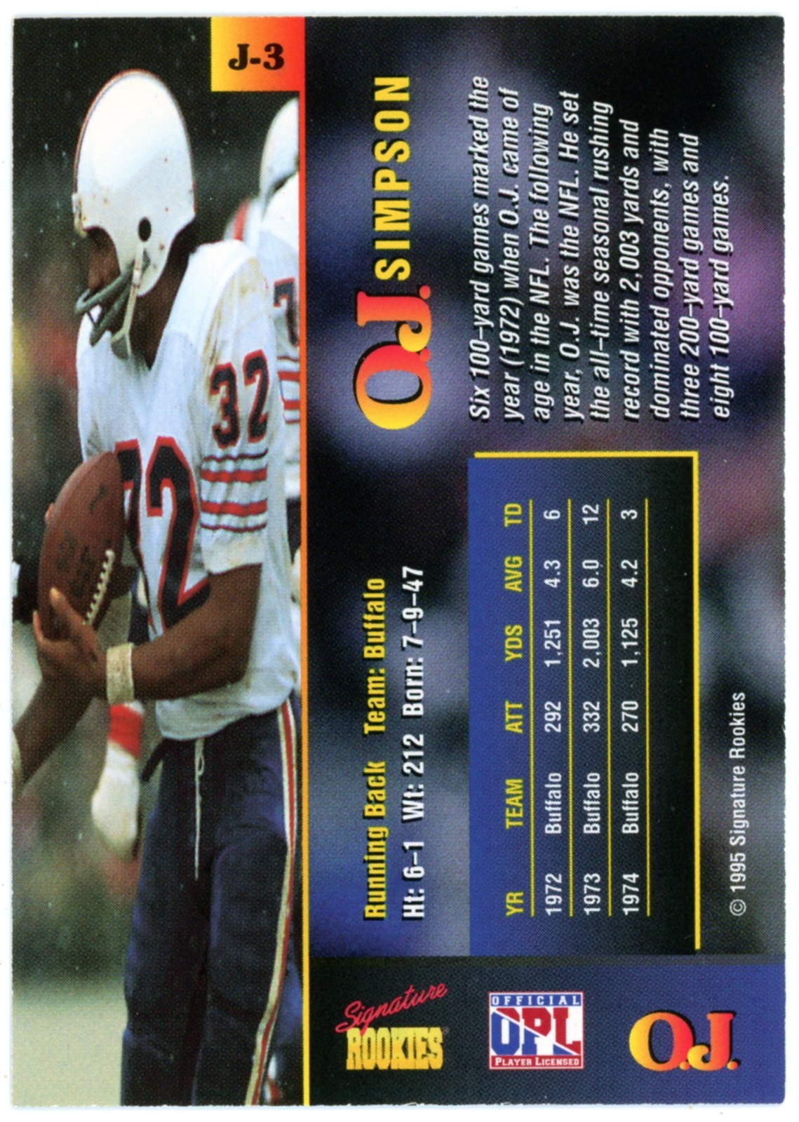 1995 Signature Rookies – O.J. Simpson – Buffalo Bills Autograph 1782/2500