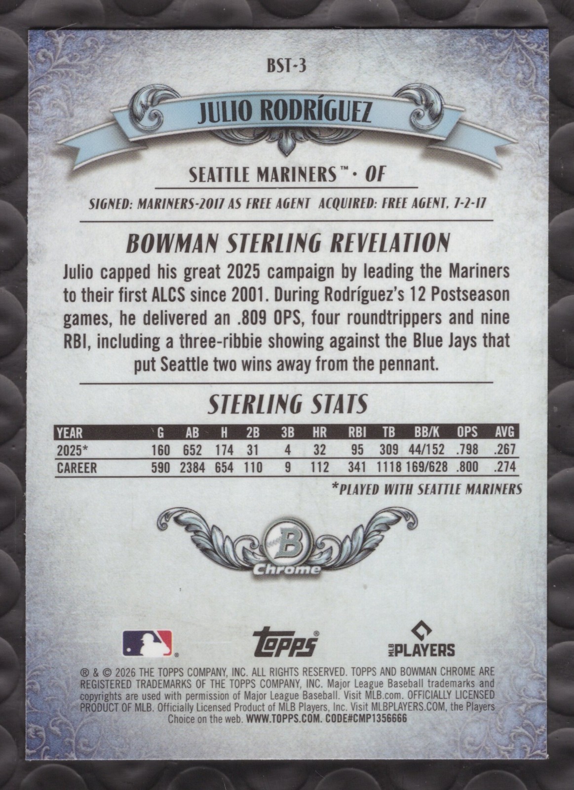2026 Topps Bowman Sterling Mojo Refractor Julio Rodríguez Seattle Mariners BST-3