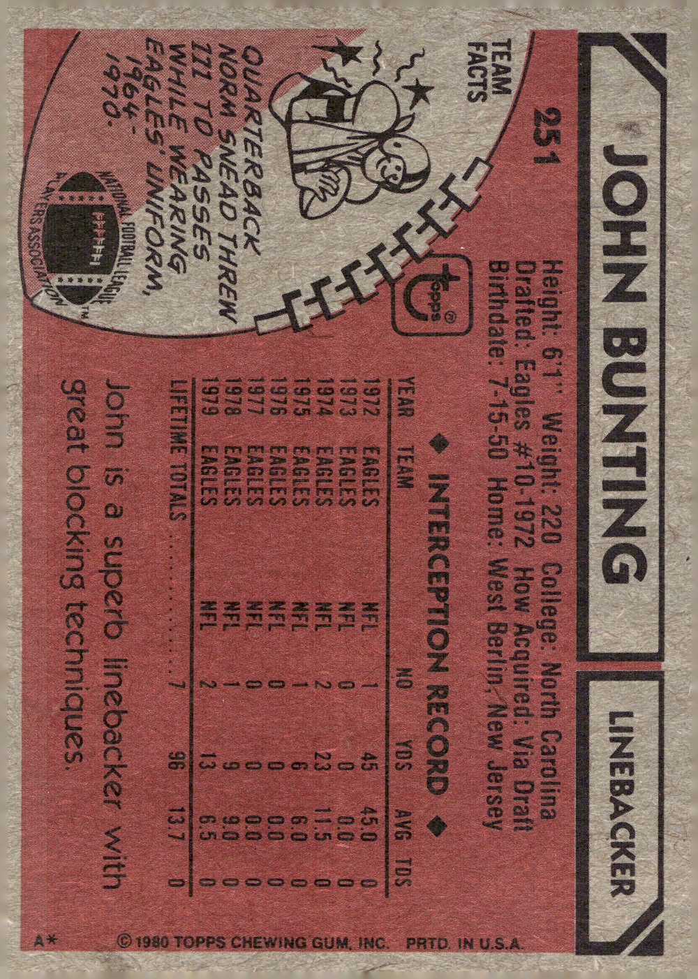 1980 Topps – #251 John Bunting Eagles