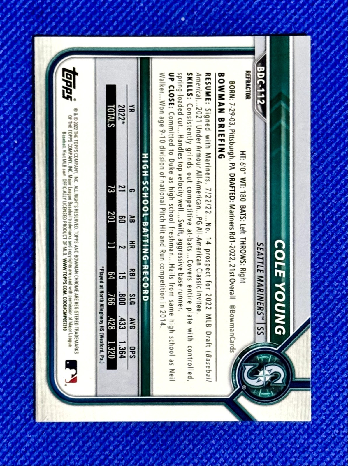 Cole Young 1st 2022 Bowman Draft Chrome 1st RC REFRACTOR #BDC-112 Mariners