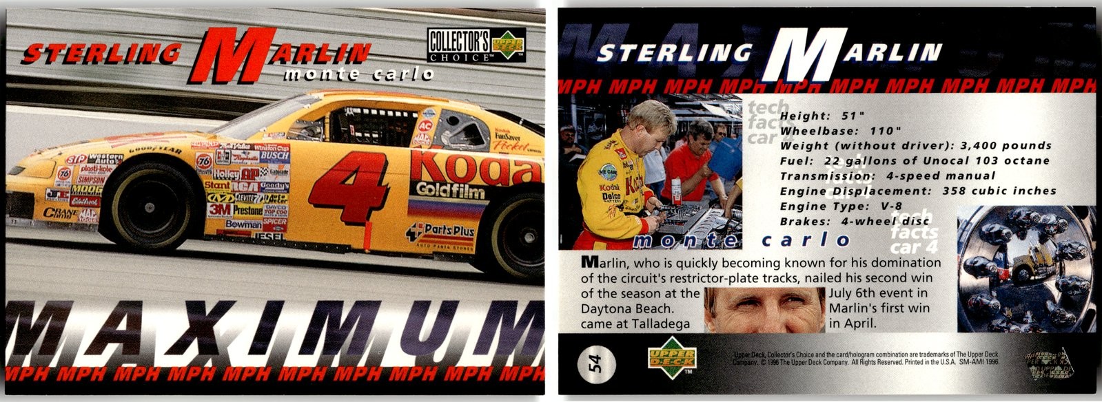 1996 Upper Deck Collector’s Choice #54 STERLING MARLIN MM NASCAR