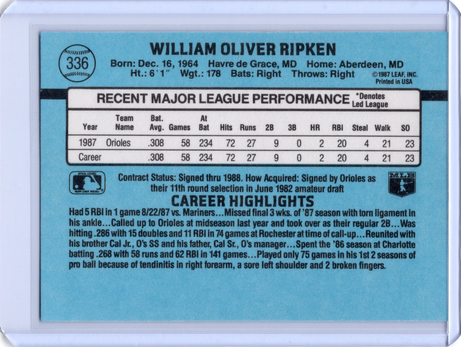 1988 Donruss – No. 336 – Billy Ripken – Baltimore Orioles – Second Base
