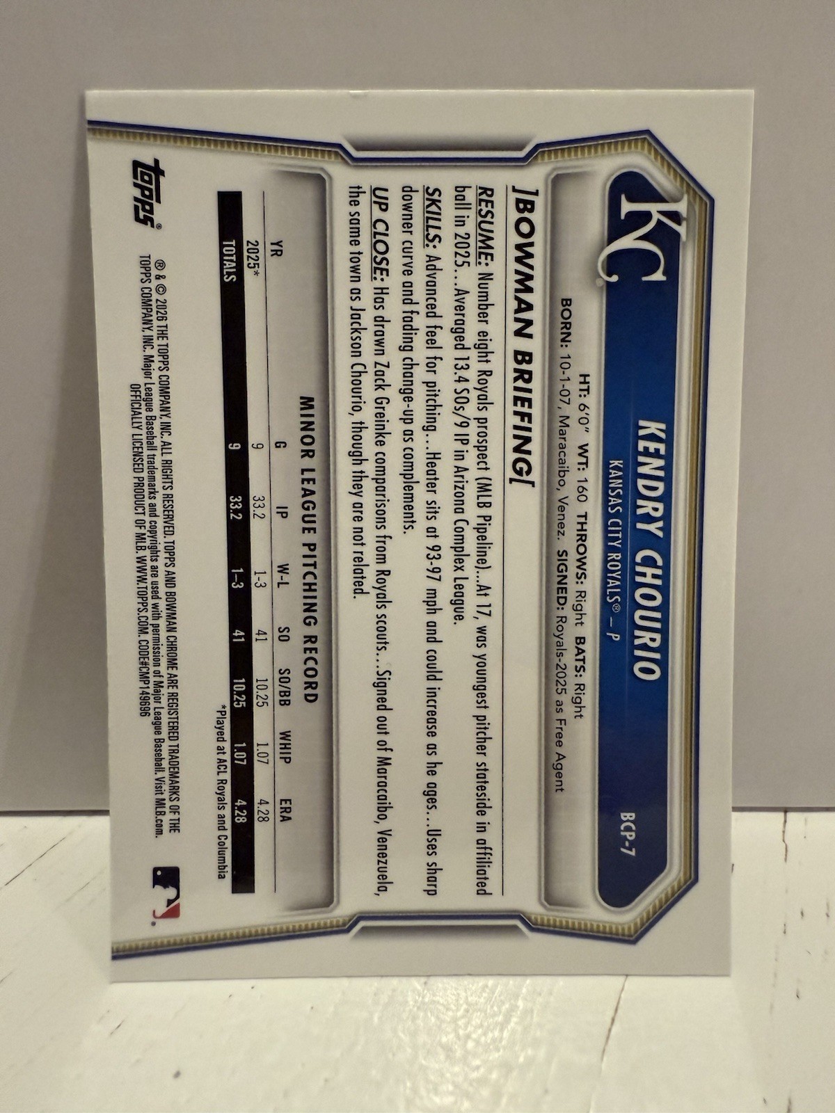 Kendry Chourio 2026 1st Bowman Chrome Mega Box Mojo Refractor #BCP-7 Royals