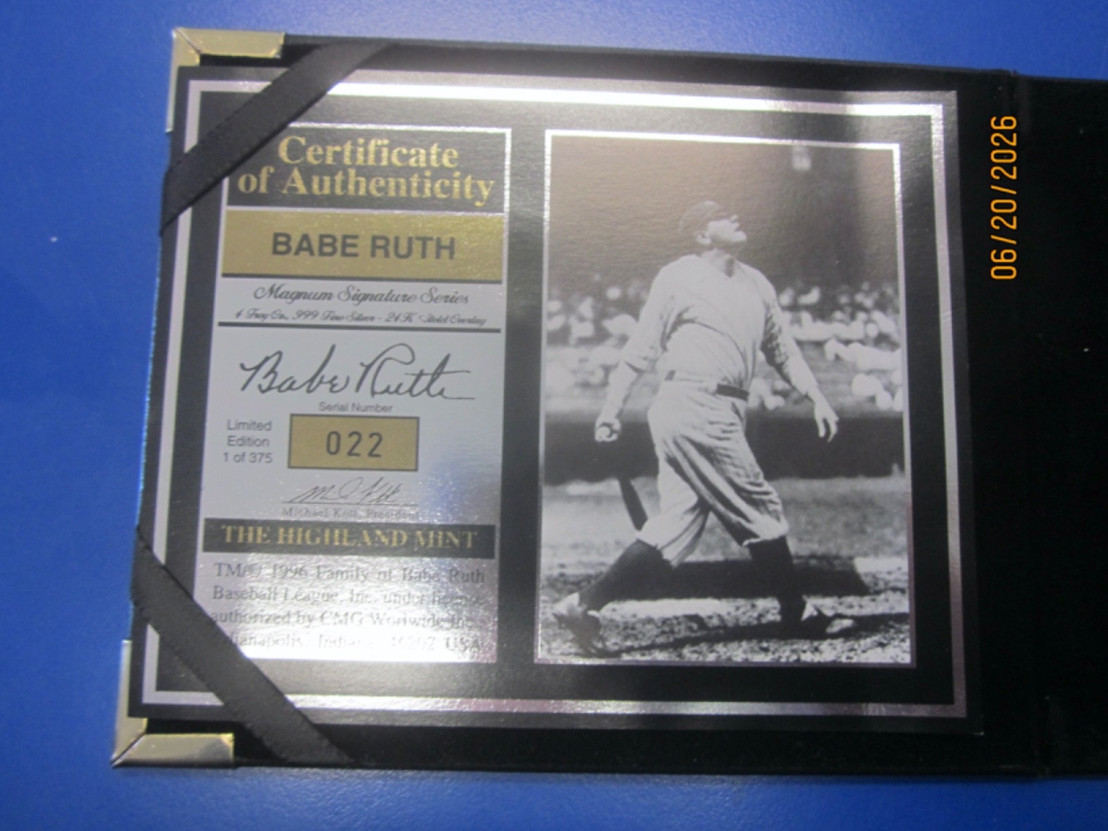 VTG 1996 HIGHLAND MINT 022 OF 375 4 OZ .999 SILVER 2 TONE MAGNUM BABE RUTH COIN+