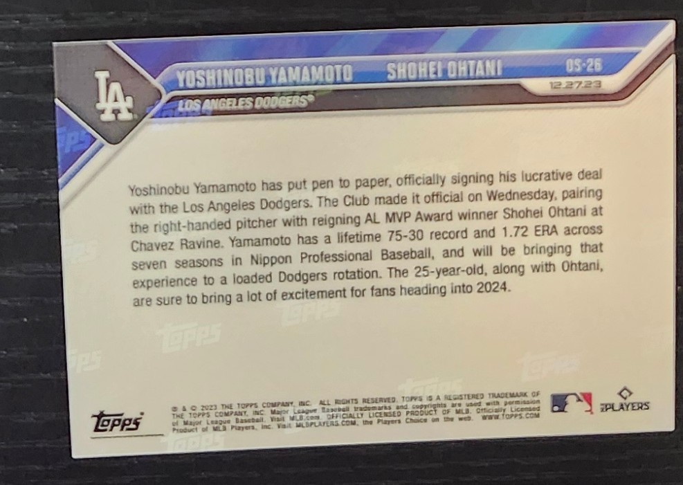 2023 Topps NOW #OS-26 Yoshinobu Yamamoto & Shohei Ohtani Reunite In LA Dodgers