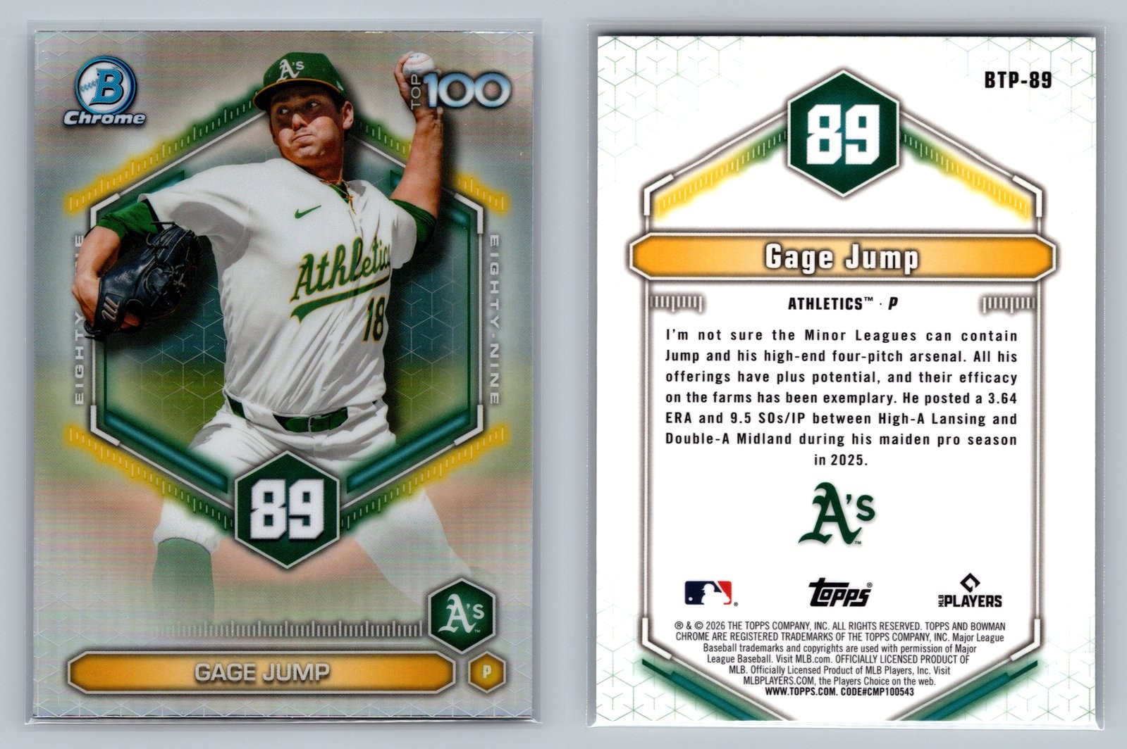 2026 Bowman Chrome Bowman Scouts Top 100 GAGE JUMP #BTP-89 Oakland Athletics