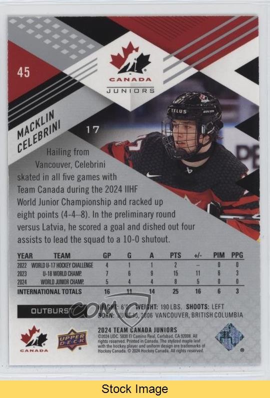 2024 Team Canada Juniors Outburst Macklin Celebrini #45 Rookie RC READ 18xa