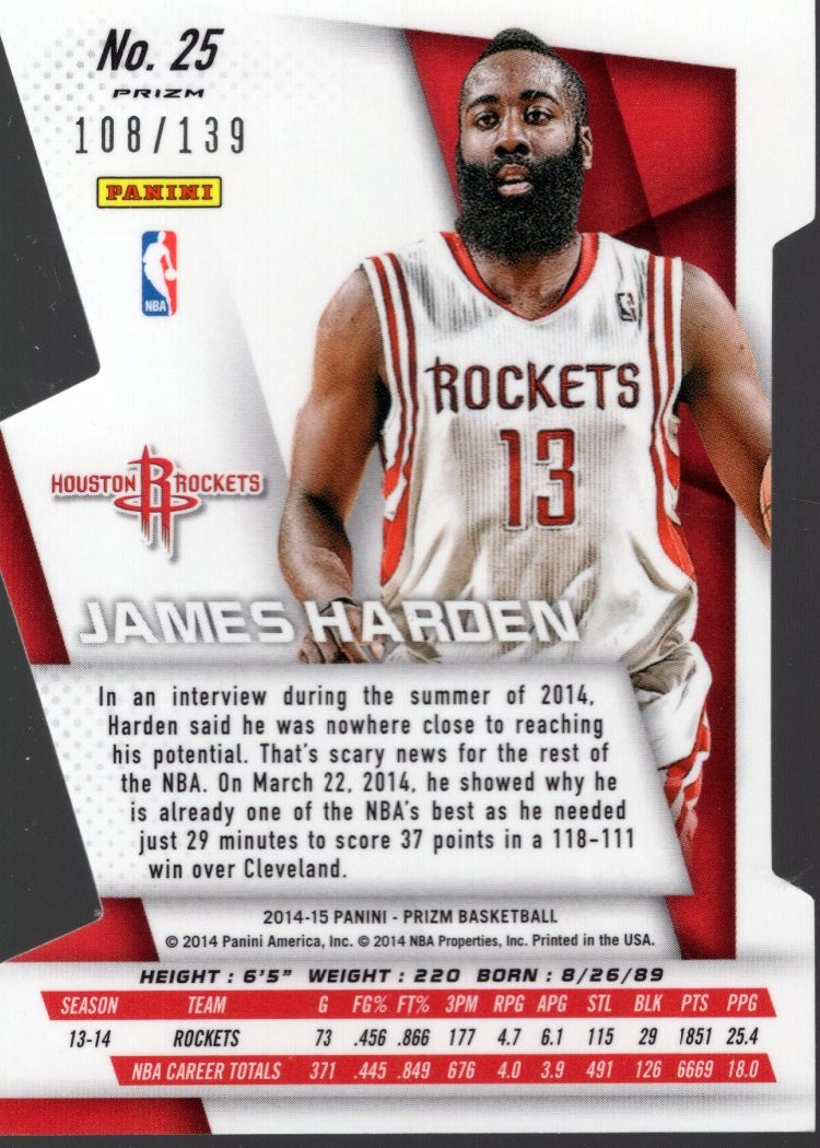 2014-15 Panini Prizm Prizms Orange Die Cut #25 James Harden /139 – BSK