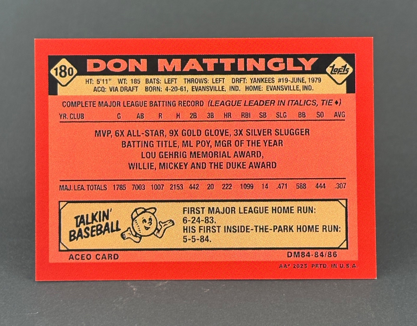NEW! Don Mattingly 1984 / 1986 Rookie Dream Card baseball artwork Card Stock