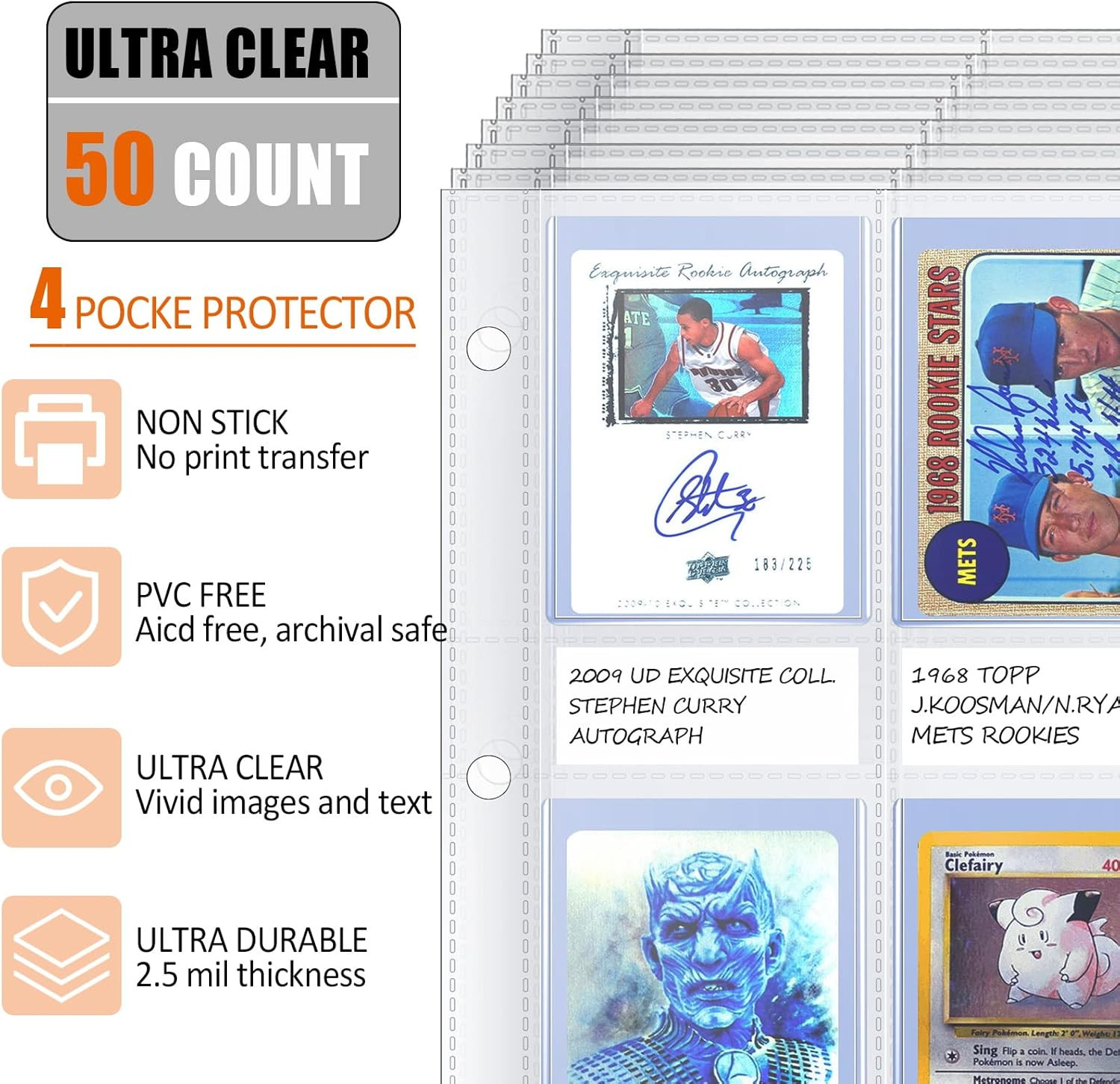 50Ct 4-Pocket Top Loader Sleeves – Trading Card Binder Pages for 3-Ring
