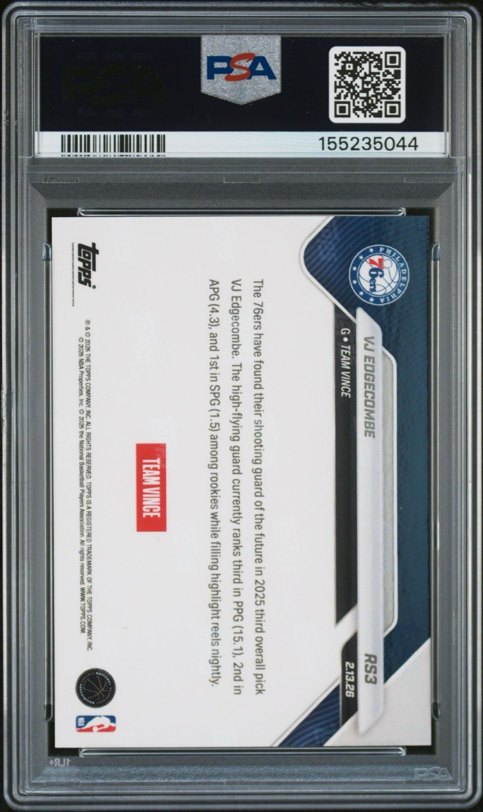 PSA 10 2026 Rising Stars NBA Topps Now VJ EDGECOMBE #RS3 PSA 10💎
