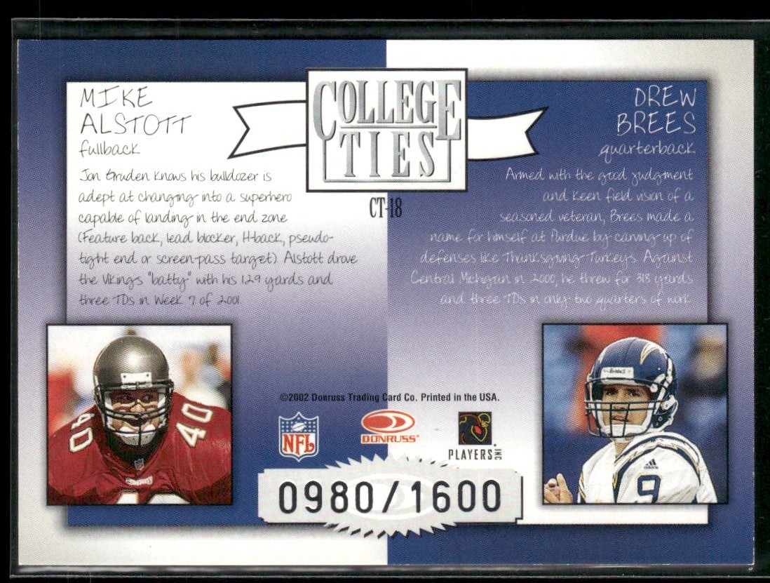 2002 Donruss Elite College Ties Drew Brees / Mike Alstott /1600 ~ NM-MT ~