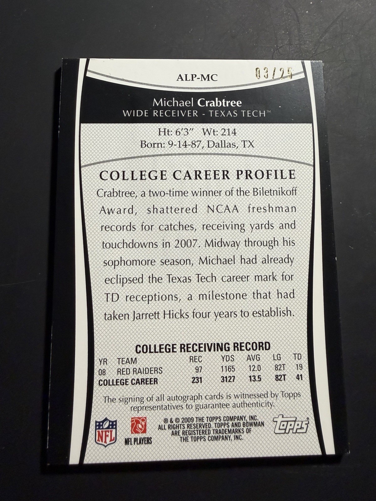 2009 Bowman Draft Patch AUTO Variations #MC Michael Crabtree Mascot /25