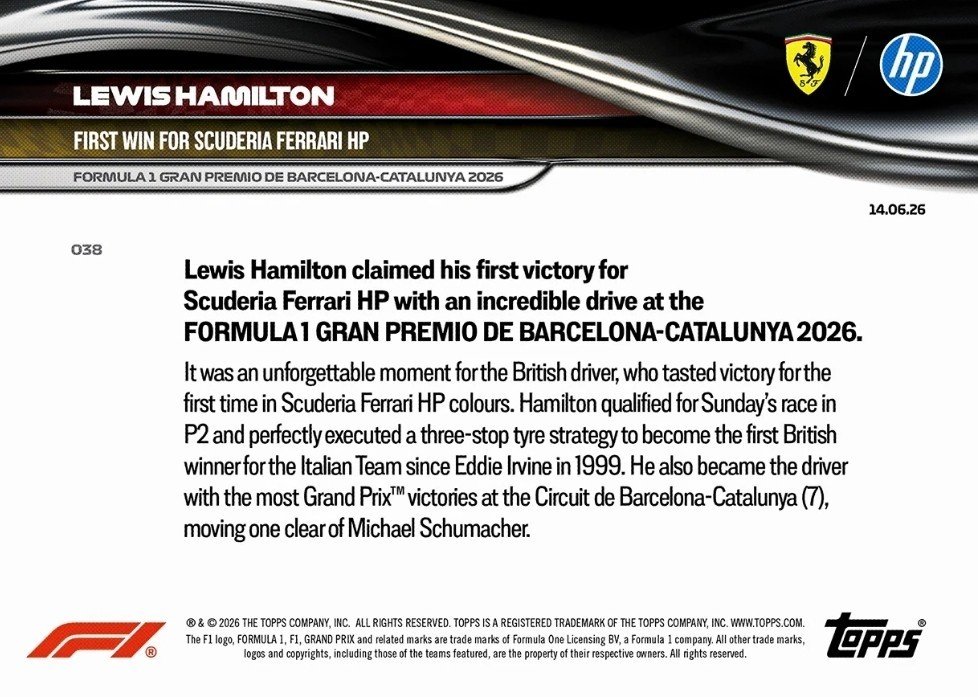 Lewis Hamilton 1st Ferrari HP Win F1 2026 Formula 1 Topps NOW Card 38 Presale