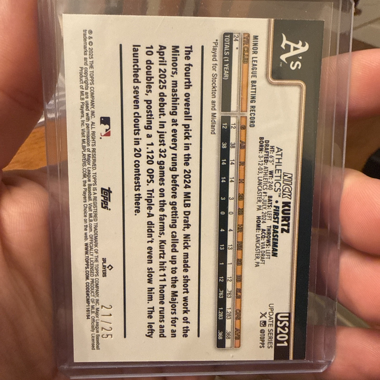 2025 Topps Update Series Nick Kurtz RC #US201 WOOD Parallel /25 Athletics