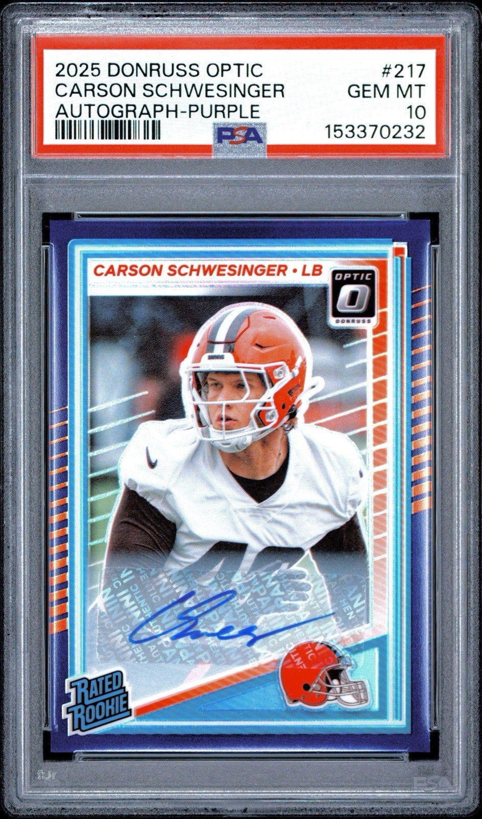 2025 DONRUSS OPTIC #217 CARSON SCHWESINGER PURPLE AUTO 1/50 ROOKIE RC PSA 10