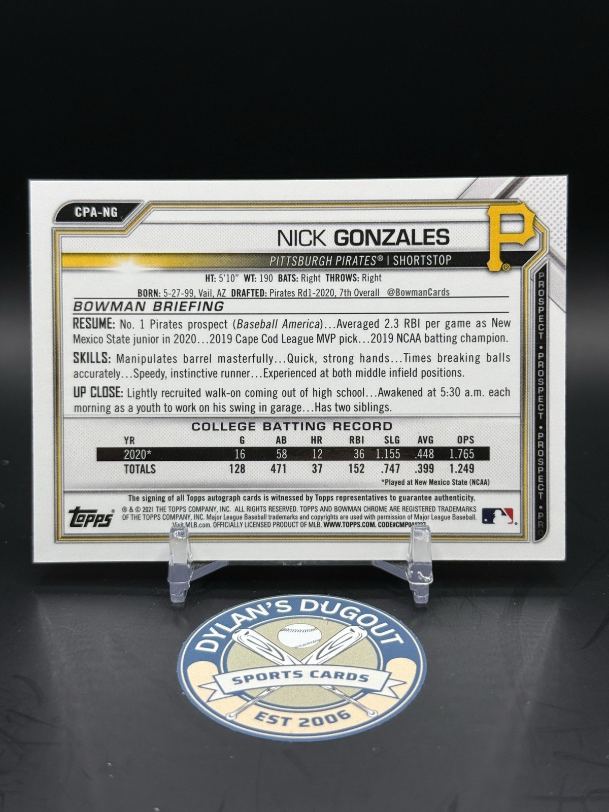 2021 Bowman Chrome Prospects Nick Gonzales #CPA-NG Orange Refractor Auto /25
