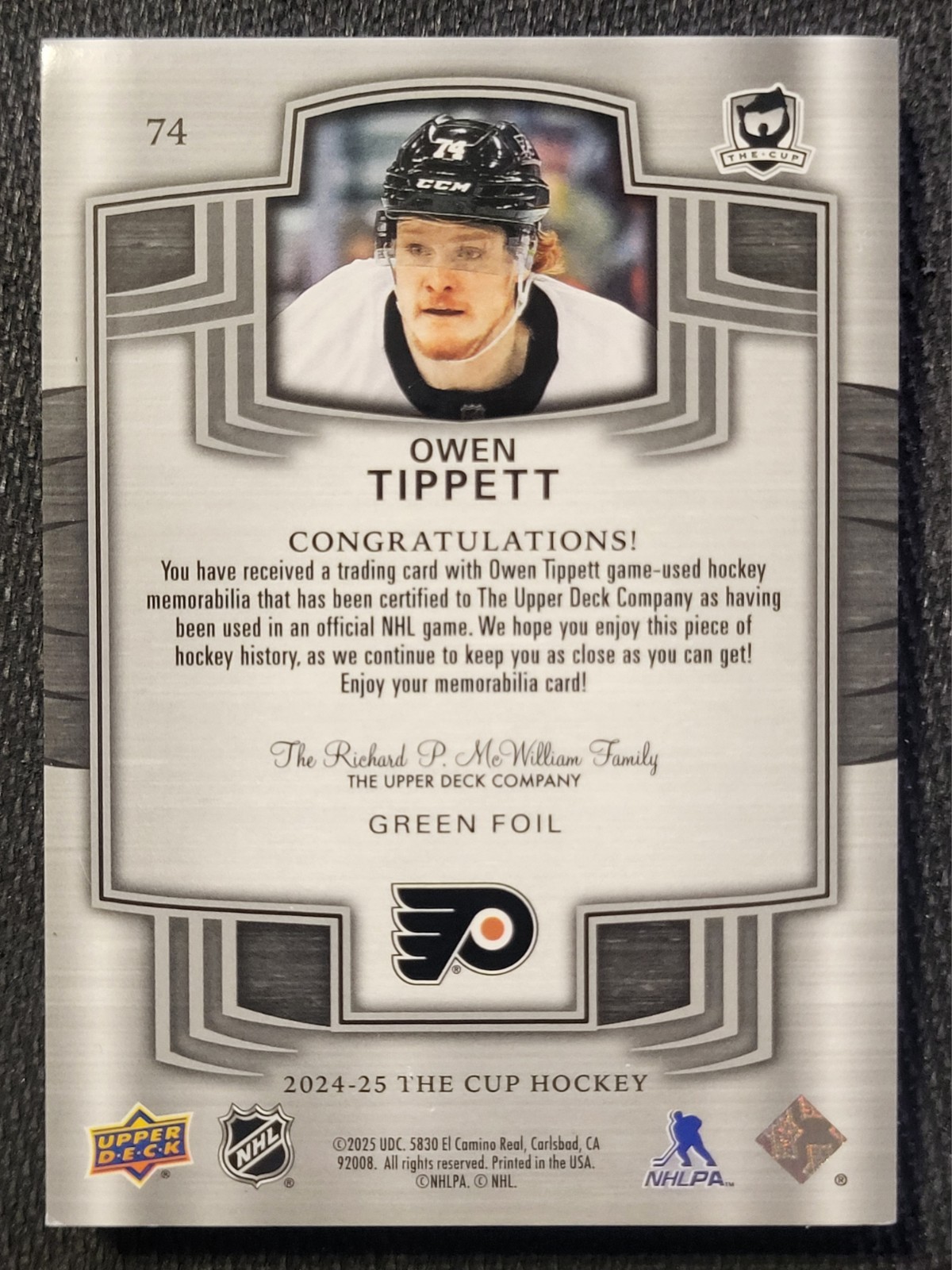 2024-25 UPPER DECK THE CUP #74 OWEN TIPPETT GREEN FOIL BUTTON 1/3 PHILADELPHIA