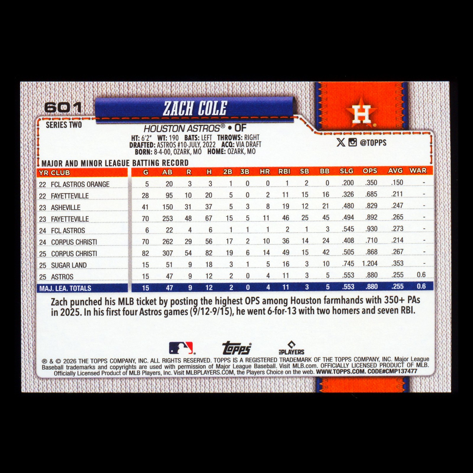 Zach Cole RC 2026 Topps Rookie Astros