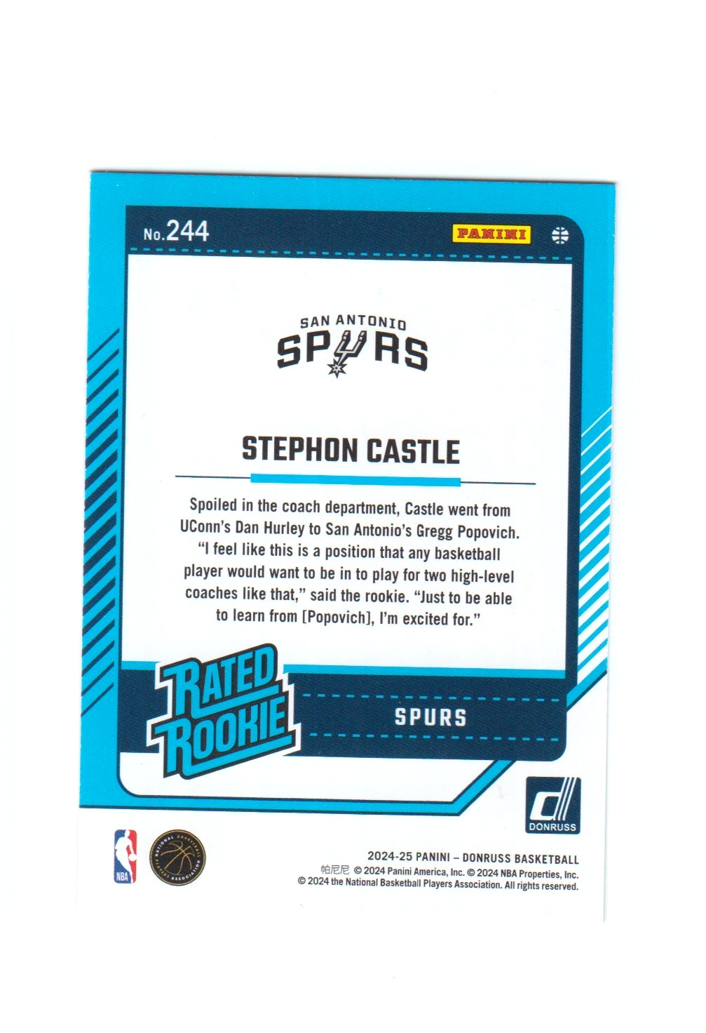2024-25 Panini Donruss Rated Rookie Stephon Castle #244 Green Laser Lazer RC