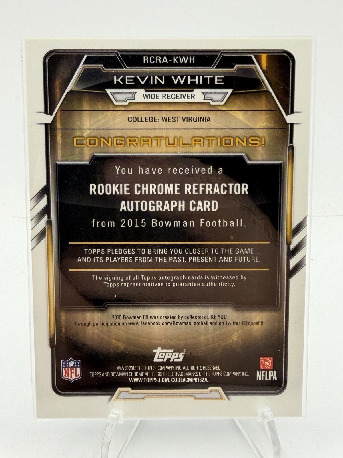 2015 Bowman Chrome Rookie Auto Refractor Kevin White #RCRA-KWH Auto